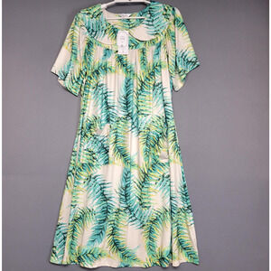 Aviier House Dress Nightgown Womens Large Green Leaf Print Short Sleeve Pockets
